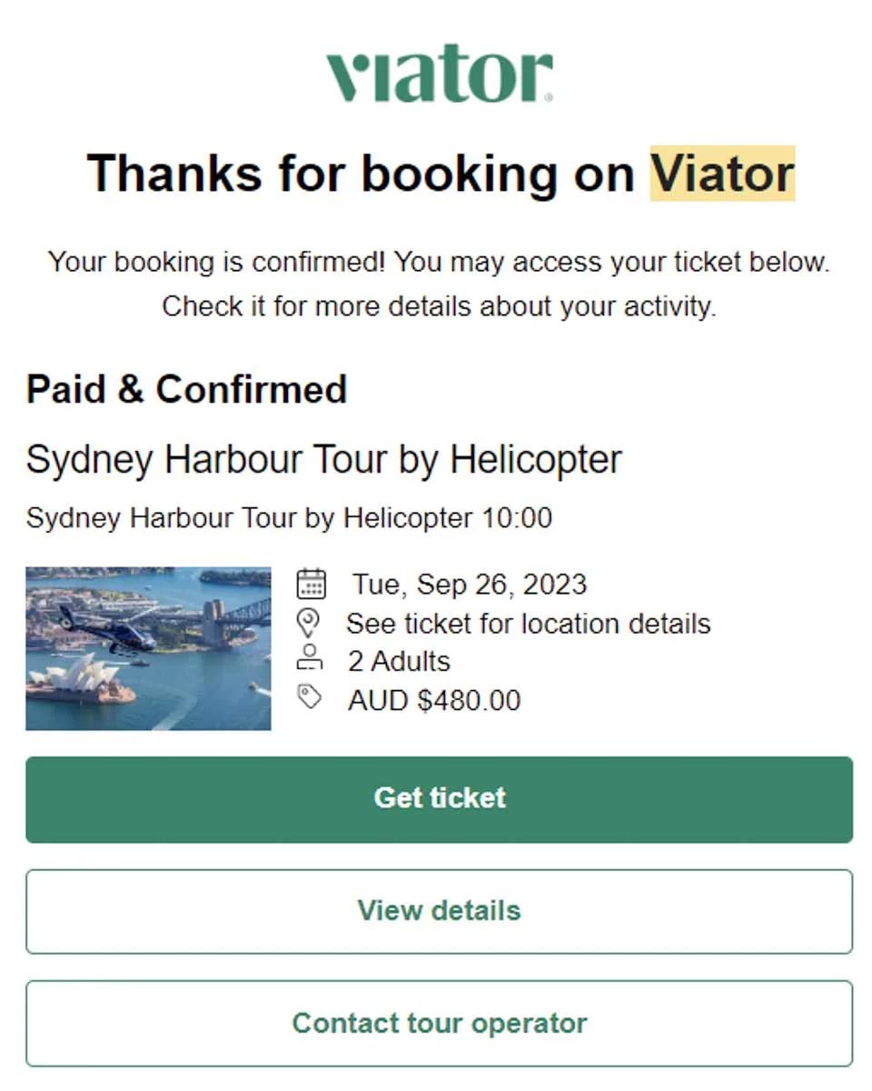 Booking confirmation for a helicopter tour booked through Viator