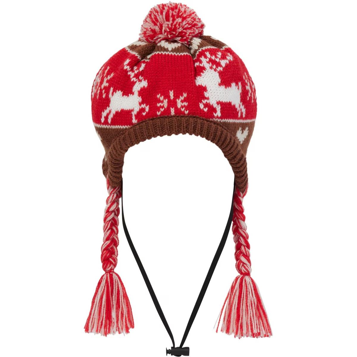 Dog hat with reindeer and Fair Isle design, pom-pom, and tassels.