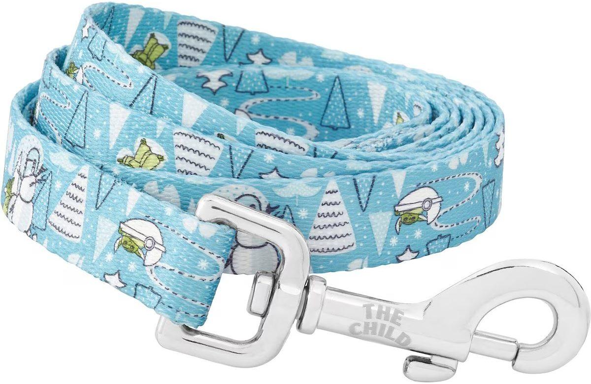 Dog leash with Grogu and snowman design.