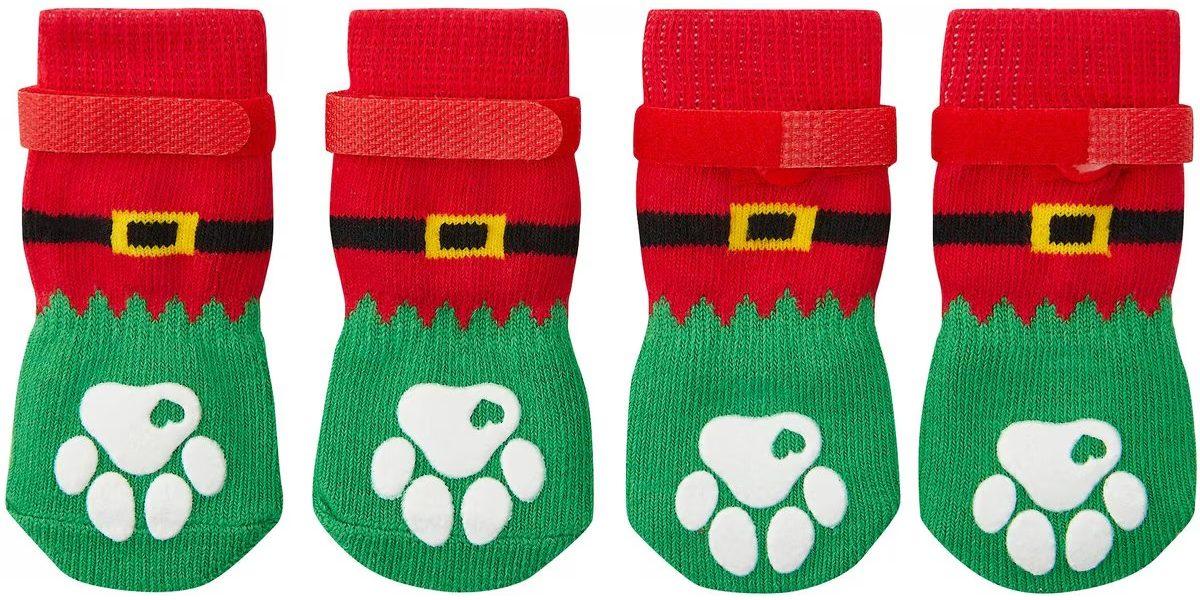 Dog socks with elf design and non-skid paws.