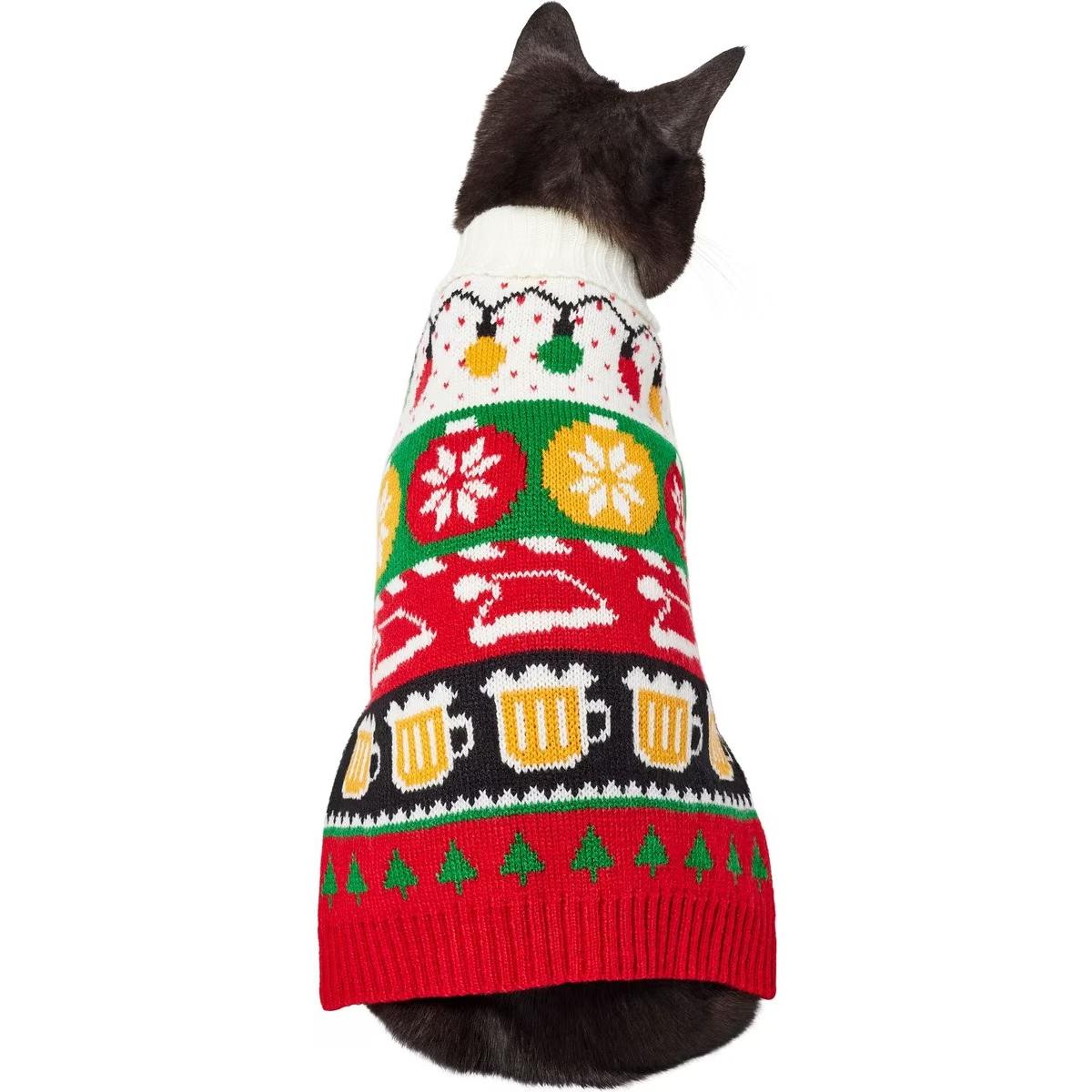 Dog ugly sweater with Christmas lights, trees, Santa hats, and beer mugs design.