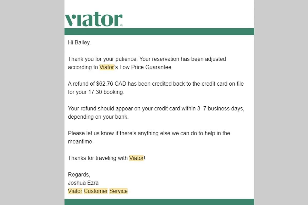 Email from Viator customer service regarding a price guarantee refund