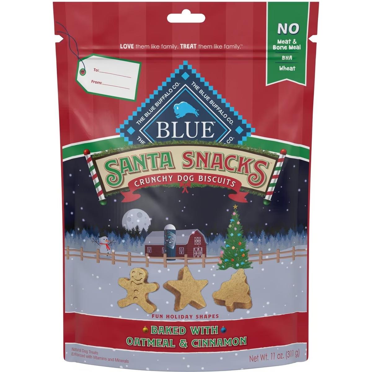 Oatmeal and cinnamon crunchy dog treats in holiday shapes.