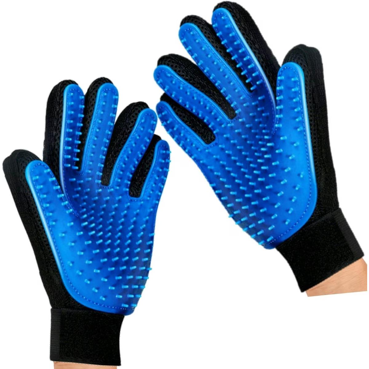 Pair of dog grooming gloves with rubber tips.