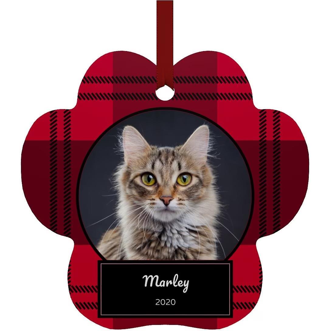 Personalized paw-shaped Christmas ornament with plaid design.