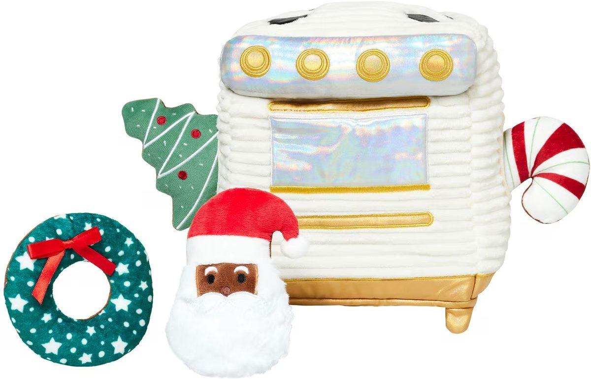 Plush Mrs. Claus oven puzzle toy with hidden treats and toys.