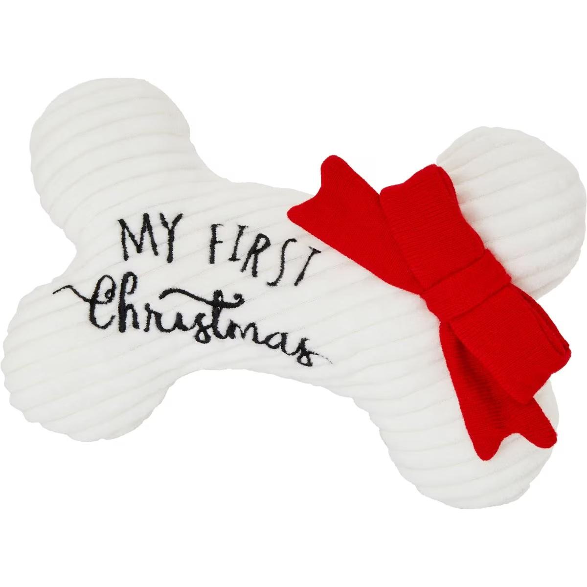Plush squeaky bone toy with "My First Christmas" embroidery.
