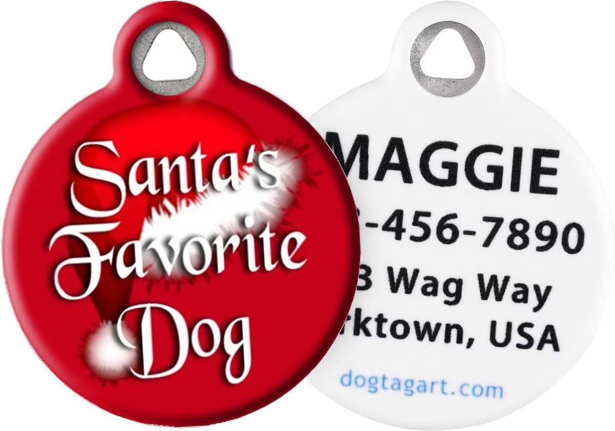 Red dog ID tag with "Santa's Favorite" design and space for personalization.