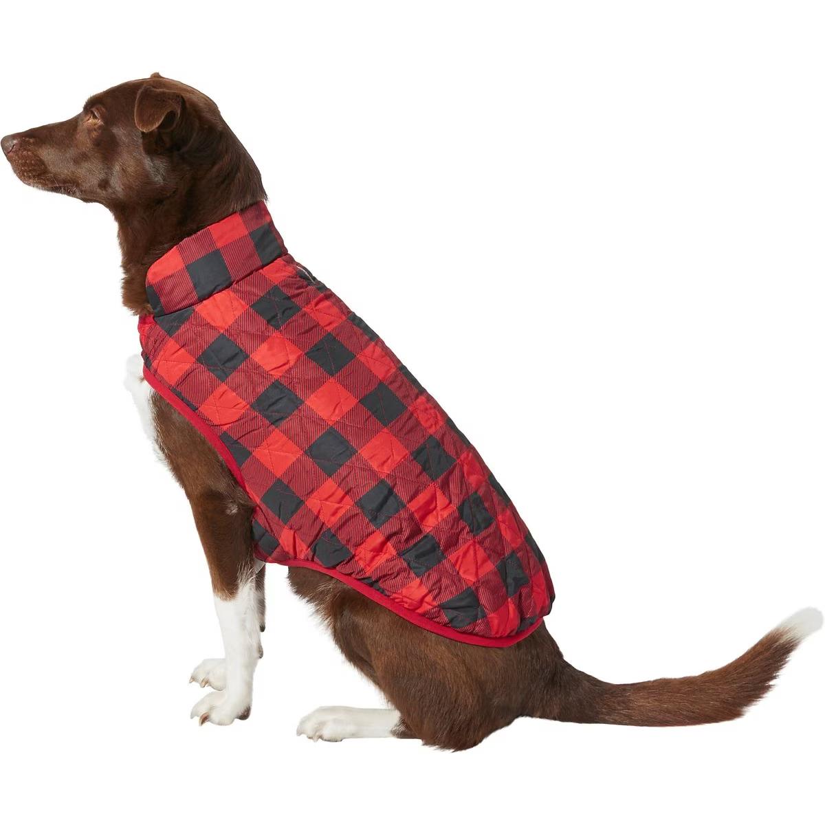 Reversible plaid dog jacket with water-resistant coating.
