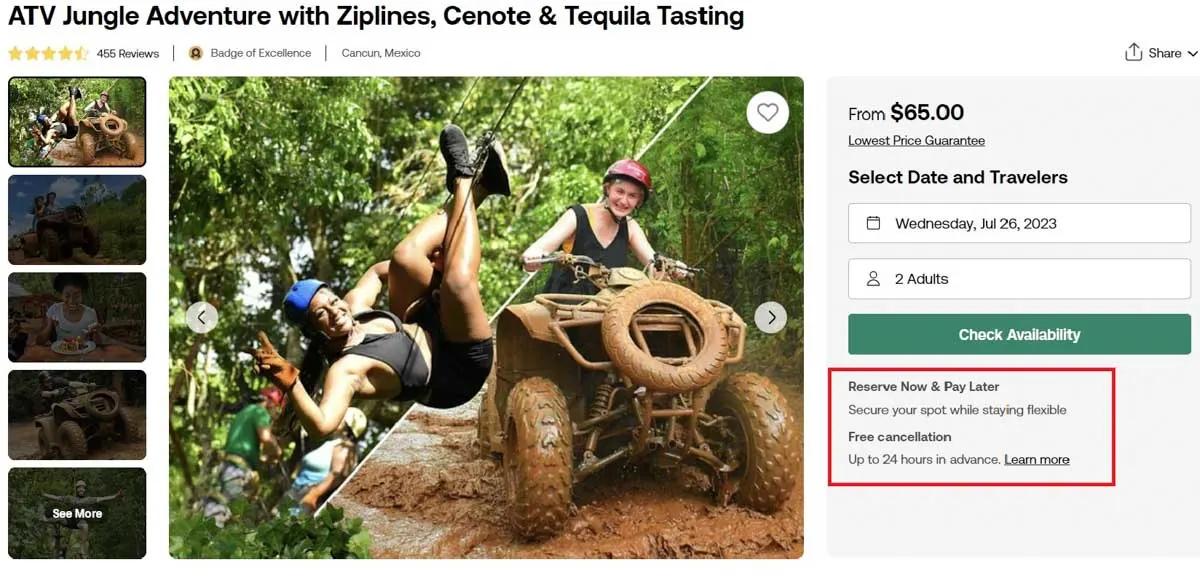 Screenshot of a Viator tour cancellation policy showing free cancellation up to 24 hours prior