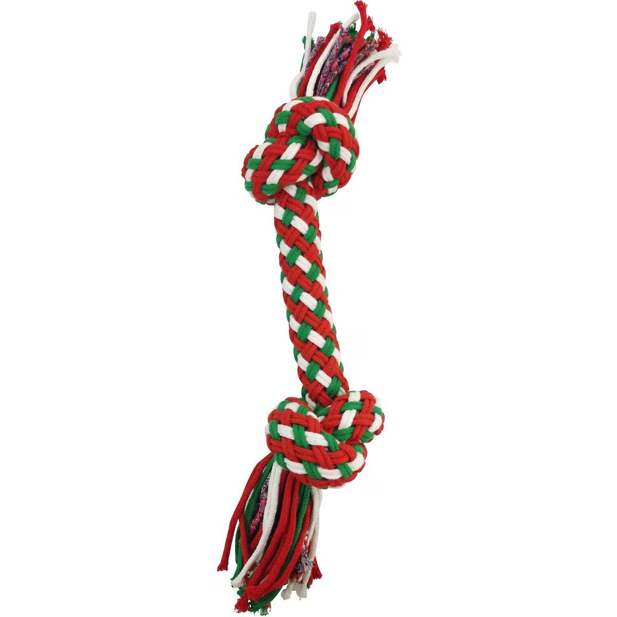 Tri-color rope toy in red, white, and green.